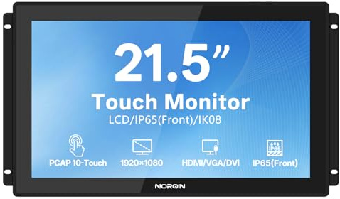 NORQIN 21,5 Monitor Touch Screen Industriale Incorporato IP65-1920×1080 Cornice Aperta,Touch Capacitivo a 10 Puntate,Display LCD,VESA,Porte HDMI/VGA/DVI/USB,Per Terminale Vendita Automatica