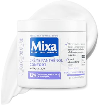 Mixa - Crème Panthénol Confort - Anti-Démangeaisons - Peaux Très Sèches et Réactives - Visage, Corps, Mains - Bébé, Enfant, Adulte Hypoallergénique - Sans Parfum - 400ml