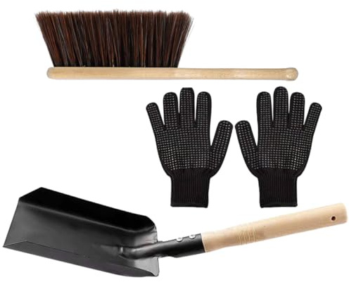 Toyvian Ensemble de Nettoyage Cheminée Pelle en Fer, Balayette en Bois Naturel et Moufles Silicone Résistants, Kit Pratique pour Poêle à Bois et Foyer Intérieur