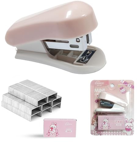 Mini Hefter Set mit 1000 Klammern 26/6 – Manueller Mini Tacker mit robustem Kunststoffgehäuse, leicht und kompakt, ideal für Schule, Büro und Zuhause (rosa)