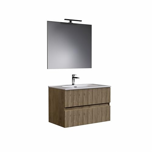 Mobile bagno SILVAE 80cm Doppio Cassetto Cannettato con lavabo, specchio e lampada ROVERE NATURALE – MaMa Store