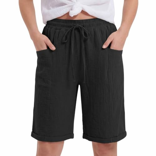 Chicpant Linen Shorts Women Drawstring Knee Length Shorts with Pockets | Women Shorts,Summer casual,Elastic Waist,Summer clothes for womens,Beach,Knee length shorts women,Walking,Short for Womens