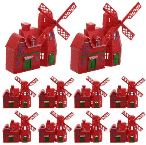 OATIPHO Décoration de Table Vintage Moulin à Vent Rouge en Plastique, Ornement Réaliste 10 Pièces, Accessoires Polyvalents pour Décor de Maison et Bureau