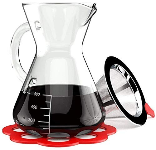 Artisan Pour Over Coffee Maker - Borosilicate Thermal Glass Carafe - Reusable Stainless Steel Mesh Cone Filter and Trivet Included - 500 ml Manual Drip Brewer with Handle