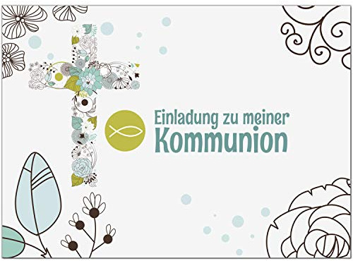 10 x Einladungskarten Kommunion mit Umschlag/Moderne Details Türkis mit Fisch/Kommunionskarten/Einladungen zur Feier