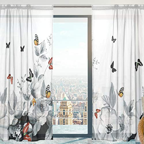 Mnsruu Rideaux en voilage ultra-fin, motif papillon et cerises, rideaux en voilage doux pour chambre, salon - 140 x 198 cm, 2 rideaux