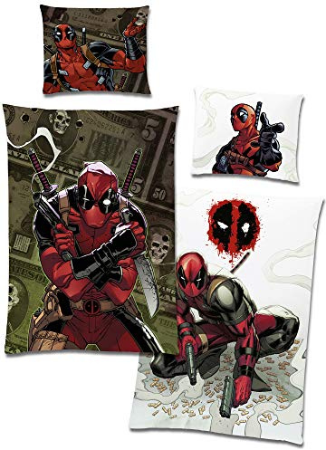 BERONAGE Deadpool Reversible Bed Linen 135 x 200 cm + 80 x 80 cm 100% Cotton Renforcé Linon Quality with YKK Zip Anti-Hero Mask Marvel Comic Children's Bed Linen German Size