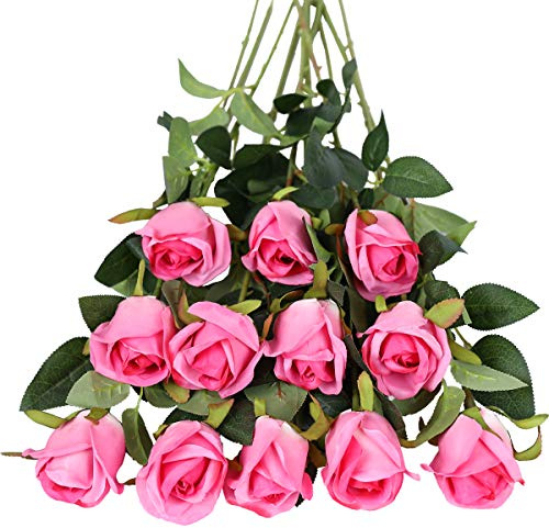 Tifuly Artificial Flowers, 12 Pcs Simple Long Stem Fake Silk Flowers Pink Fake Rose Bouquet Bridal Flower Realistic Flower for Wedding Party Home Table Decoration Centerpieces (Rose Red)
