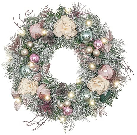 Valery Madelyn 18inch/45cm Light Up Christmas Wreath for Front Door, Pre Lit Christmas Wreath Rose and Pink, Xmas Reef with 15 LED Lights and Timer Function for Outdoor Christmas Decoration