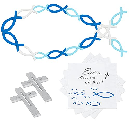Kommunion Deko - 60 Wooden Fische Blau Weiß and 25 Servietten 'Schön, DASS du da bist!' - Taufe Tischdeko Junge Communion Confirmation