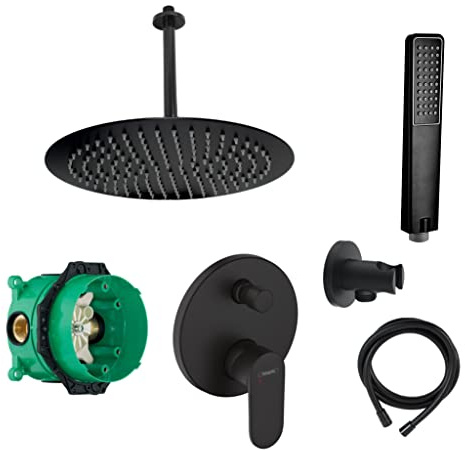 vanvilla Duschsystem Unterputz mit Duscharmatur Hansgrohe schwarz HGS18 | Duscharmatur von Hansgrohe Vernis Blend Einhebelmischer und vanvilla Regendusche Duschkopf rund, Dusch-SET schwarz matt