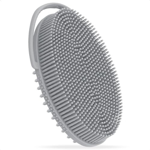 FREATECH Körperbürste mit Elastisch Gurt und 2-seitigen Silikonborsten Als Badebürste & Massagebürste, Duschbürste für Peeling und Cellulite Entfernen, Hygienischer & Langlebiger Als Luffa, Grau