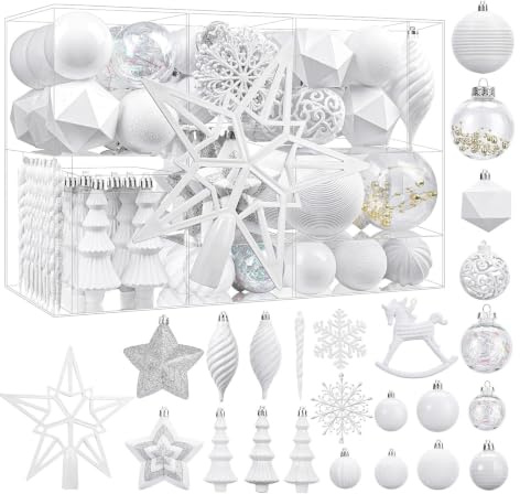 SHareconn 100pcs Christmas Tree Decorations Ornaments Set, Shatterproof Plastic Baubles Decorative Balls for Xmas Tree Decor Holiday Wedding Party, White