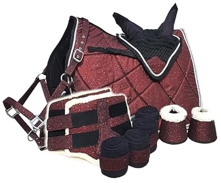 German Riding Perfect Match Schabracke Set Hufglocken Halfter Fliegenhaube Bandagen Gamaschen Glitzer (Shetty, Bordeaux)
