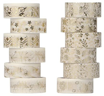 Washi Tape Set 12 Rollen - 15 mm breit, Gold Blocking Deko Muster und Reines Weißes Klebeband, Japanisches Abdeckband Dekorieren Sie Ihr Scrapbooking, DIY, Geschenkverpackung, Bullet Journal