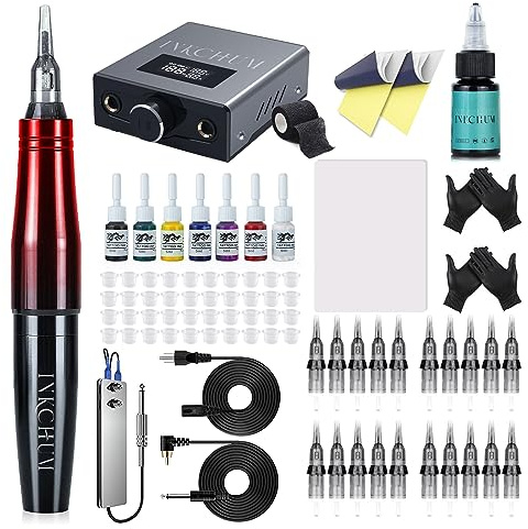 INKCHUM Tattoo Maschine Set für Tattoo Anfänger mit Tattoo Farbe Tattoo Nadeln, Fußpedal, Permanent Make Up Maschine set für Miroblading PMU Schattierung Eyeliner Lippe(Rot-Schwarz-Verlauf)