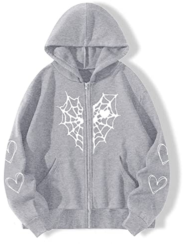 Kvinnor män jackor mörkt spindelnät kärlek tryck huvtröjor gata trend stor storlek kappa ledig Y2K varm huvtröja huvtröja zip up huvtröja för par lösa 90-tal streetwear, GRÅ, 3XL