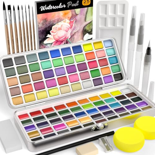 Nicpro Set Acquerelli 100 Colori Include Macaron Metallizzato e Fluorescente 8 Pennelli 25 Carte per Acquerelli e Tavolozza, Kit di Materiali Artistici per Principianti Adulti con Scatola Portatile