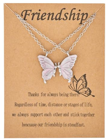 RIXERKOC Freundschaftsketten BFF Ketten für 2 Geschenke für Mädchen Halskette Schmuck Long Distance Geburtstag Weihnachten Geschenke für Frauen Mädchen Schwestern (Silber-Rosa Schmetterling)