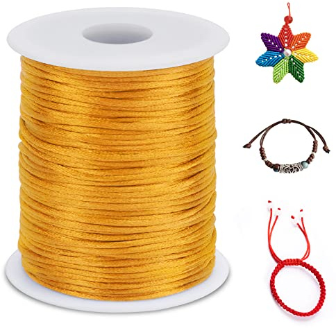 LEREATI 2.5mm Filo Nylon per Braccialetti, 100m Cordoncino per Braccialetti Cordoncino Natalizio Coda di Topo Cordoncino, Macrame Corda per Collane Perline Gioielli Fai da Te (Giallo Oro)