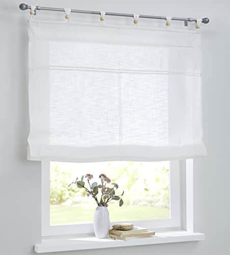 Woody weißes Raffrollo Raffgardine mit Schlaufen und Holzkugeln,Reine Baumwolle, Landhaus-Gardine Küche, Leinen-Optik, Breite 80 cm x Höhe 140 cm