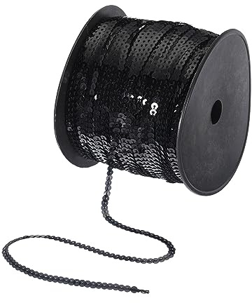 QUARKZMAN 200 Yardas Plana Lentejuelas Tira 4mm Lentejuelas Tela Paillette Lentejuelas Adorno para Manualidades Bricolaje Lentejuelas Flecos Costura Negro