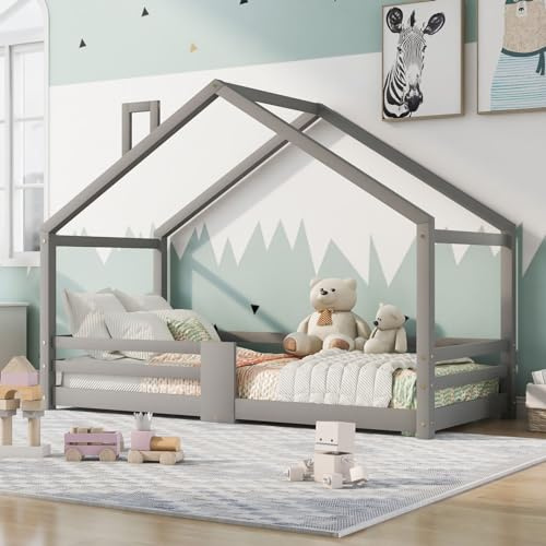 KOMHTOM Kinderbett mit Sicherheitszaun, 90 x 200 cm, Bettgestell mit Lattenrost aus Holz (ohne Matratze) (grau), WF197915AAW