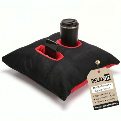 Nurtextil24 Relax ME Kissen Getränkehalter Sofakissen 40x40 cm SchwarzRot | Multifunktional Allzweckkissen -Tablett & Getränkebehälter- Tolles Geschenk Idee - Sofakissen, Kopfkissen, Reisekissen