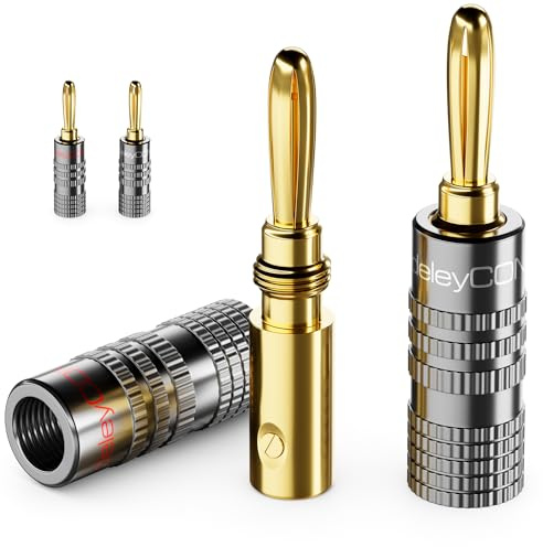 deleyCON Bananenstecker Set vergoldet, schraubbar, 4 Stück - Grau | Für Lautsprecherkabel, Boxenkabel 0,75 mm - 4,5 mm, HiFi Audio Heimkino Receiver