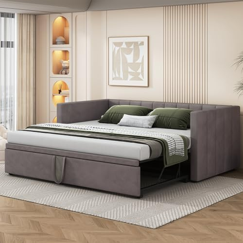 NNJN Polsterbett Ausziehbares Schlafsofa 90/180 * 200 cm mit Lattenrosten, Multifunktionsbett aus hautfreundlichem Samtstoff (dunkelgrau)(Ohne Matratze)