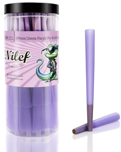 Nilef Cônes Pré-Roulés King Size 109mm/26mm | Pack de 50 Cônes en Gros | Papier Violet avec Embout “W” | Combustion Lente & Régulière | 25 Empilements dans Tube Plastique (J1440)