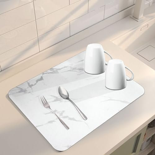 TENQUAN Dish Drying Mat 50x30cm Kitchen Drying Mat with Non-Slip Bottom Fast-Drying Dishes Mat Absorbent Coffee Machine Mat Countertop Protector for Worktop Bar Sink (White Marble)