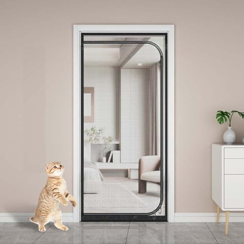 Custom Size Cat Screen Door Anti Fly Mesh Door Curtains with Zip for Bedroom, Piano Room, Balcony, Greenhouse, Prevent Dogs Cats Running Out from Home (D-Zipper Opening,Black)