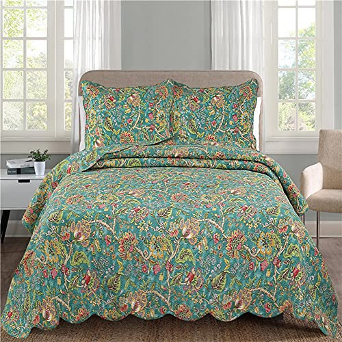 Gesteppte Tagesdecke, 230 x 250 cm, Bettdecken-Sets, wendbare Patchwork-Steppdecken, Vintage-Tagesdecken mit grünem Blumenmuster und 2 Kissenbezügen, Bettüberwürfe 230 x 250 cm