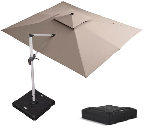 PURPLE LEAF Parasol Déporté 3 x 3,65 m Rectangulaire avec Pied, Parasol de Jardin Extérieur à Toit Double Rotatif 360°, Convient au Patio, Piscines, Cafés et Restaurants, Beige