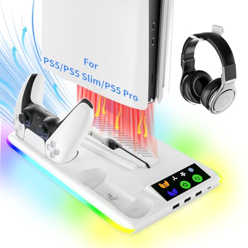 TicEaik Support pour PS5, pour PS5 Slim, pour PS5 Pro avec Ventilateur de Refroidissement et Station de Charge pour Manettes (avec 3 Ports USB et 1 Port Type-C), et Éclairage LED pour PS5/Slim/Pro