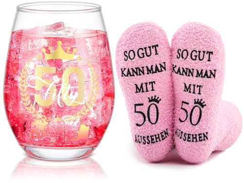 Nuenen Regalos Divertidos para Mujeres por 50 Cumpleaños Incluye Copa de Vino Grabada y Calcetines para 50.º Cumpleaños Regalo de Bodas Copas de Vino Tinto y Medias para Mujer