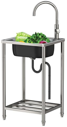 Outdoor Sink Single Bowl Freestanding Stainless Steel Indoor/Outdoor/Garden Utility Sink Multifunctional Mobile Portable Sink Commercial Kitchen Sink with Hot and Cold Tap and Stand
