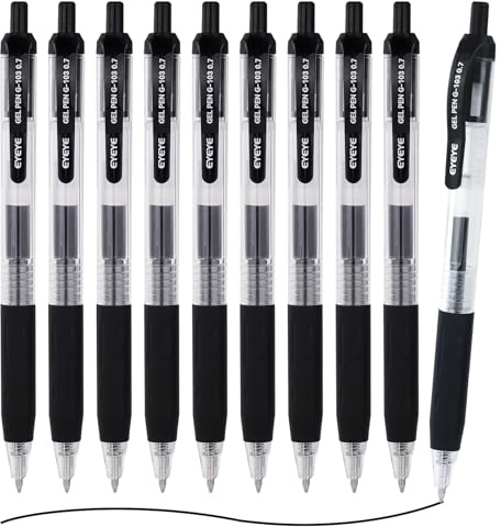 EYEYE G-103 Black Gel Pens 0.7mm, 10 Pack Retractable Medium Point Ballpoint Pen Quick Drying, Pen Fine Point Smooth Writing Pens for Office School Supplies
