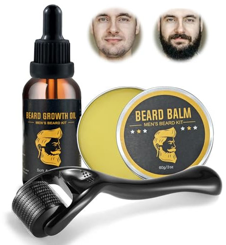 Bartwachstumsset mit Bartroller 0,25mm,30ml Bartöl für Männer,60g Bartbalsam Bartpflege Set, für Haare Sie Bart und Haarwachstum Duft-Bartpflege,Bart Nachwachsen