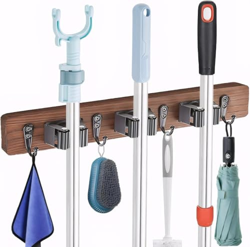 weiclianhp Besenhalterung Wand, Besenhalterung Wand mit 3 Halter und 4 Haken, Selbstklebender Gerätehalter Abstellraum Ordnungssystem, Wandhalterung Besen Besenhalter, Gartengerätehalter