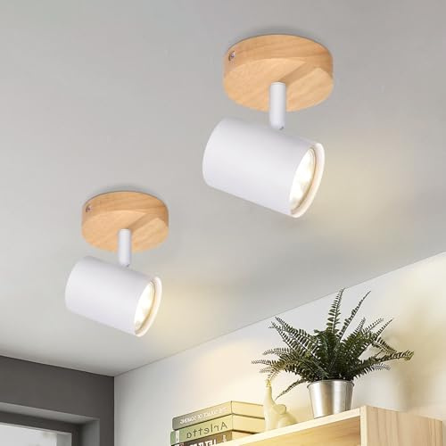 Deboola Deckenstrahler Weiß Deckenleuchte Vintage - Deckenlampe 2ER Holz | Deckenspot 1 Flammig Schwenkbar GU10 Strahler Wandstrahler für Wohnzimmer Schlafzimmer Flur Küche MAX.40W (Ohne Leuchtmittel)