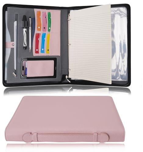 Wonderpool A4 Reißverschluss Dokumentenmappe Leder PU Schreibmappen Portfolio Ringbuch Klemmbretter Padfolio Tasche für Geschäftsreisen Präsentationsmappe Organizer (Rosa)