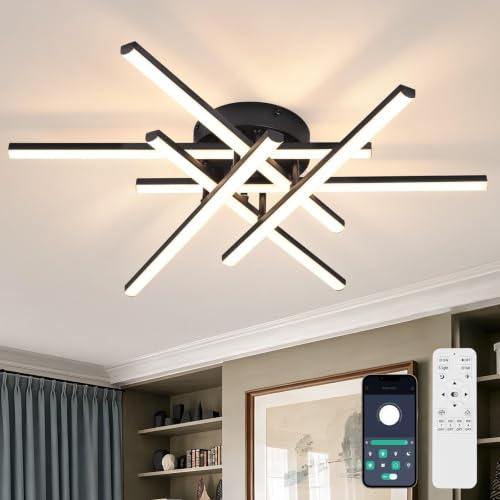 Vloitgol 6-Flammig LED Deckenleuchte Dimmbar, 42W 55cm Deckenlampe Schwarz Modern Wohnzimmerlampe mit Fernbedienung, 3000K-6500K, Schlafzimmerlampe Led deckenleuchte dimmbar für Büro Küche esszimmer