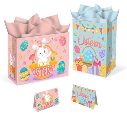 2-PACK Ostern-Geschenktaschen, mit Karten und Tissue-Papier, 33 x 26 x 12.5CM, Frühlingsferien-Papiertaschen für Osterfest-Bevorzugung, Geschenkverpackung