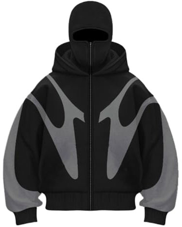 Herren Hoodie Y2K Kapuzenpullover Sweatshirt Mit Sturmhaube Reißverschluss Doppelter Kapuze Winddicht Patchwork Jacke für Männer und Frauen (DE/NL/SE/PL, Alphanumerisch, L, Regular, Regular, Schwarz2)