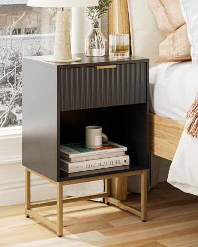 HEYZOEY Nachttisch Schwarz, geriffelte Front, Schublade&Fach, 40×30×60 cm | Großes offenes Fach und leichtgängige Schublade – modernes Design für Schlafzimmer, Wohnzimmer oder Büro