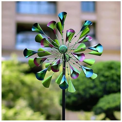 BesBet Wind Spinner, 200×52cm,Doppelwindrad,Kugellager Windmühle Wetterfest und Standfest Windrad Garten Metall Groß für Hof Garten Rasen Dekoration
