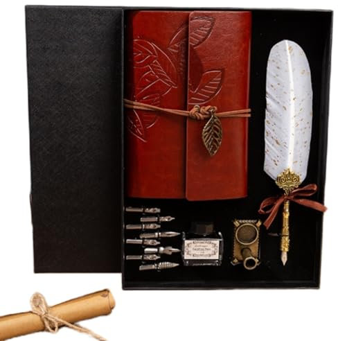 HSTWODE 12Stk Kalligraphie Feder Set, Schreibfeder Set mit Dip Pen Feder, 8 Ersatzspitzen, Notizbuch, Tinte und Stifthalter, Antiken Feder Kalligraphie Stift, Vintage Calligraphy Set (Weiß)
