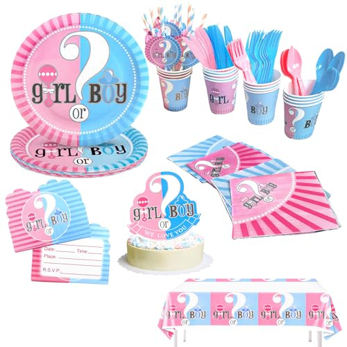 Vaisselle complète révélation du genre pour bébé. Vaisselle décorative révélation de genre. 130 pièces -16 invités fête révélation de genre. Gender Reveal Party Decoration avec nappe, Topper